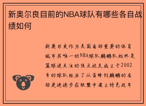 新奥尔良目前的NBA球队有哪些各自战绩如何